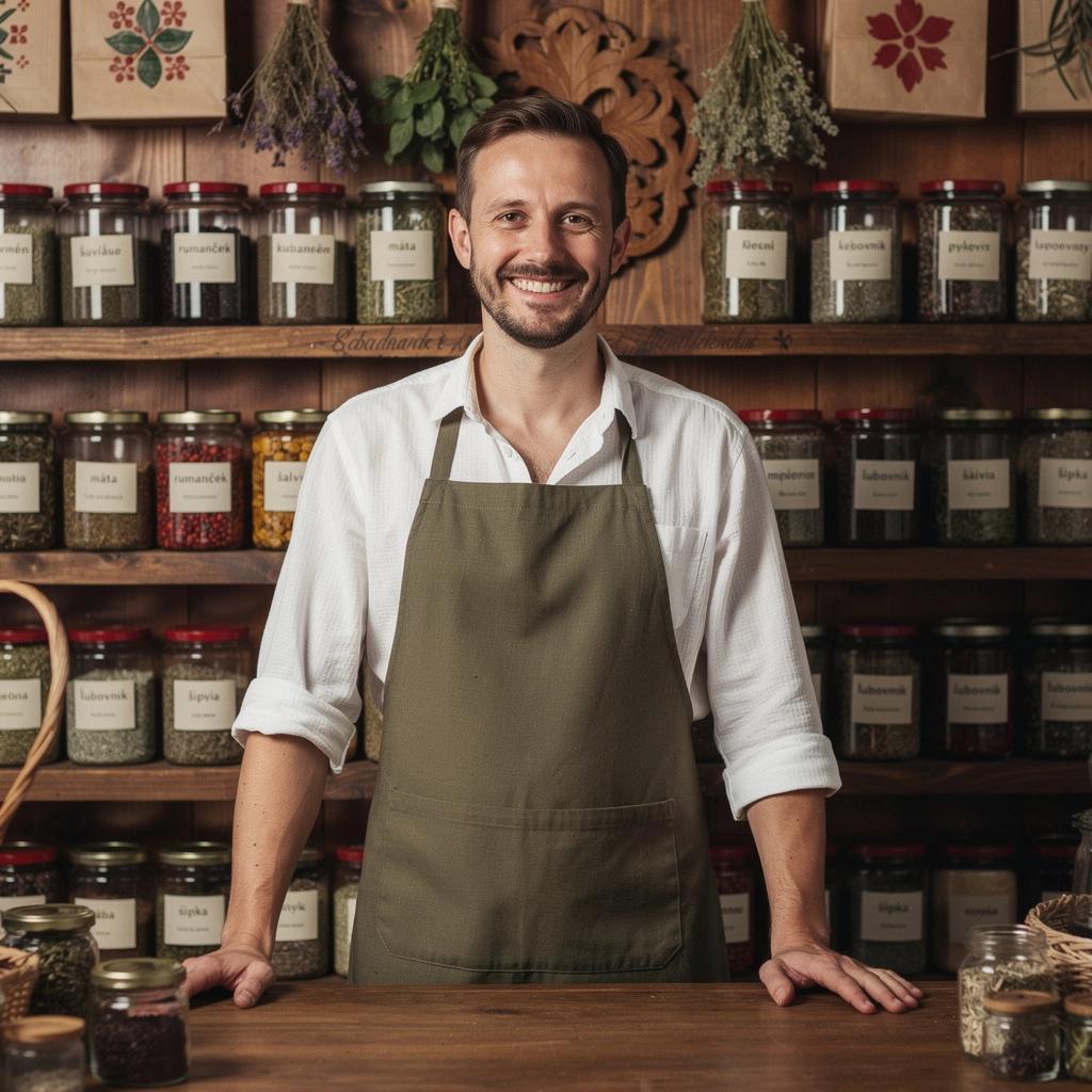 Zbierka prírodného čaju s rôznymi bylinkovými príchuťami z tradičnej slovenskej kultúry.